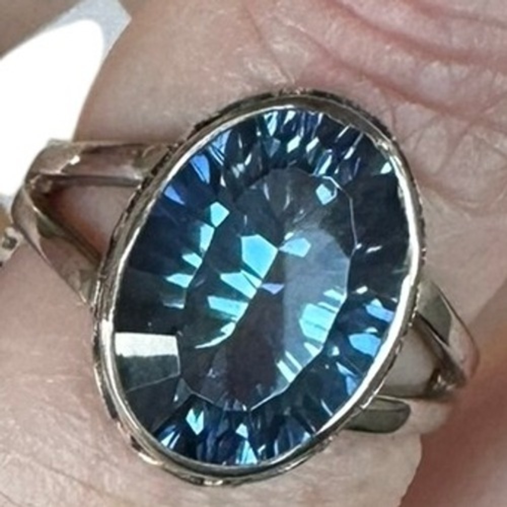 Blue Quartz Ring Cocktail Statement Oval‎ Cut Filigree Sterling Silver